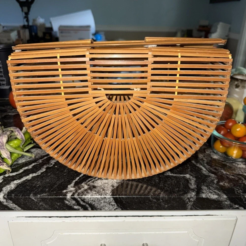 Vintage Boho 1960's 1970's Half Moon Wood Woven Hippie Core Clutch Handbag